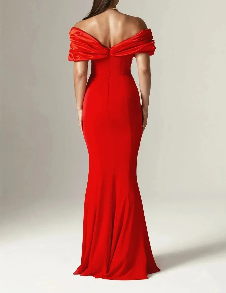 Slash Neck Off Shoulder Patchwork Folds Slit  Mermaid Maxi Dress