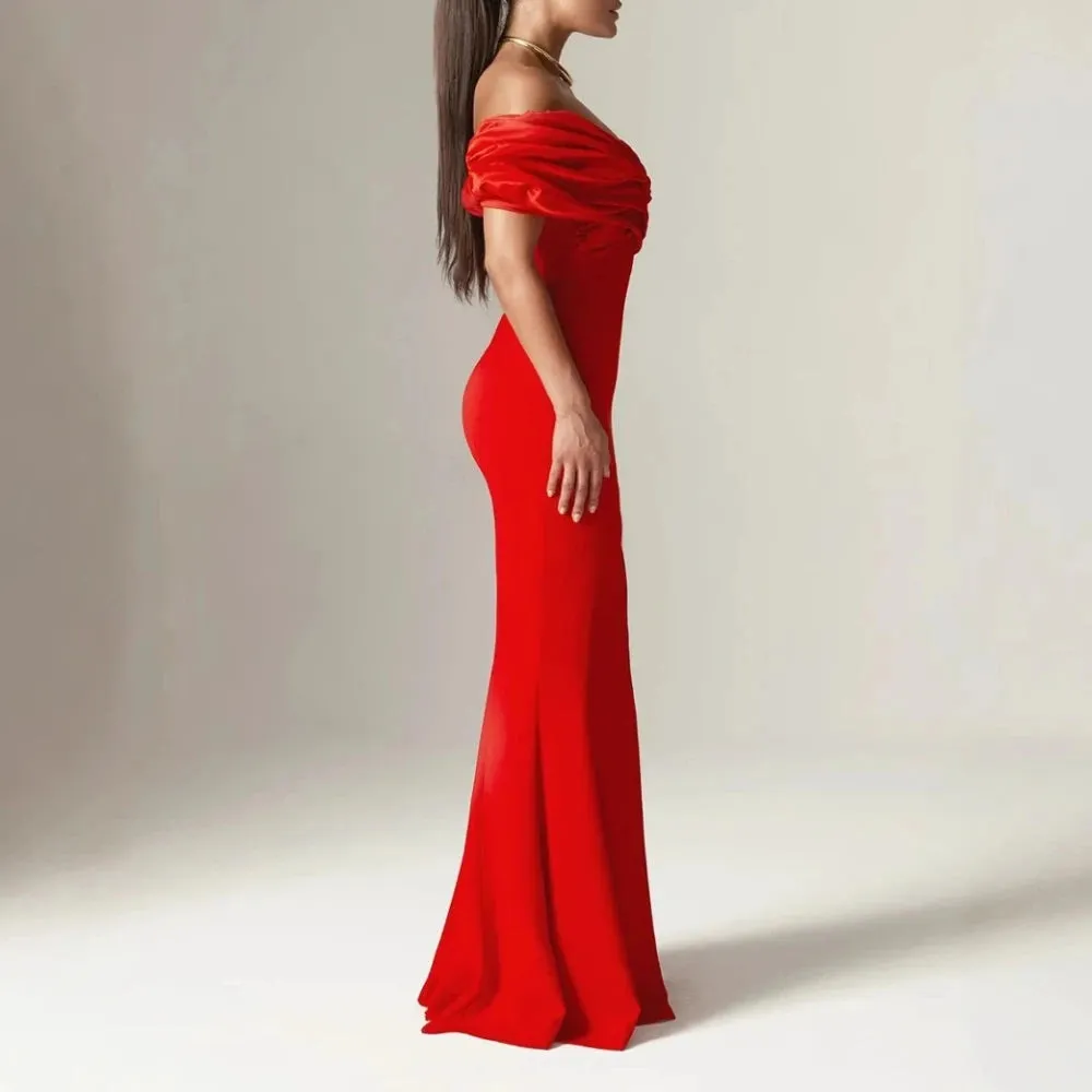 Slash Neck Off Shoulder Patchwork Folds Slit  Mermaid Maxi Dress