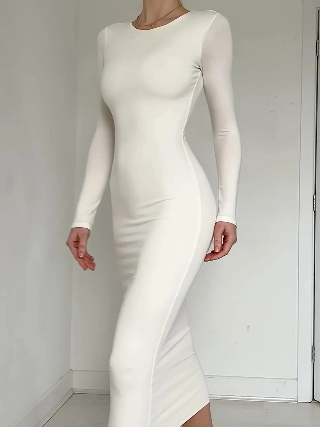 Sleek White Long Sleeve Pencil Style Midi Dress