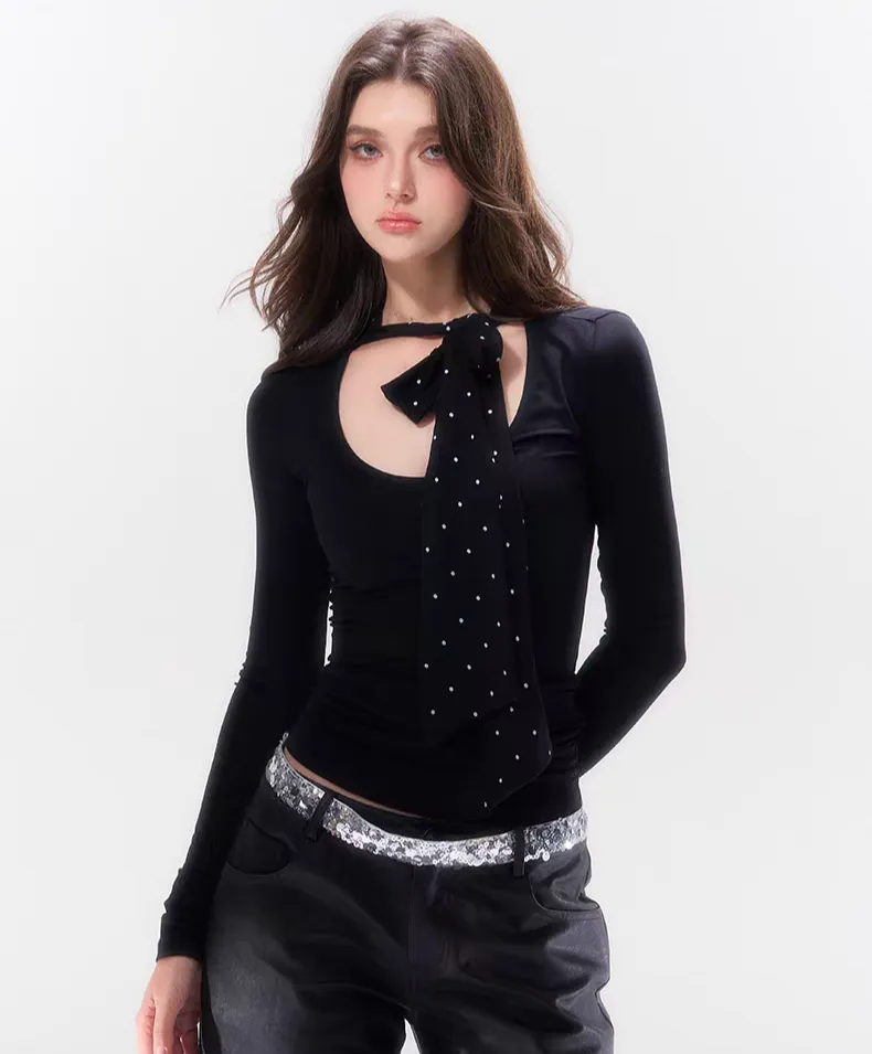 Slim Long Sleeve Top with Bow Pattern Detail
