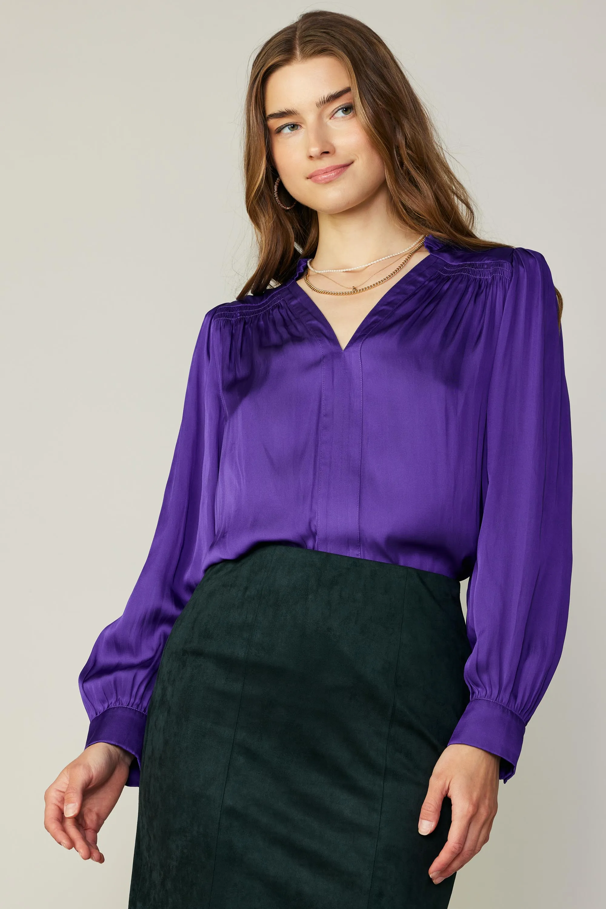 Smocked Shoulder Cuffed Blouse