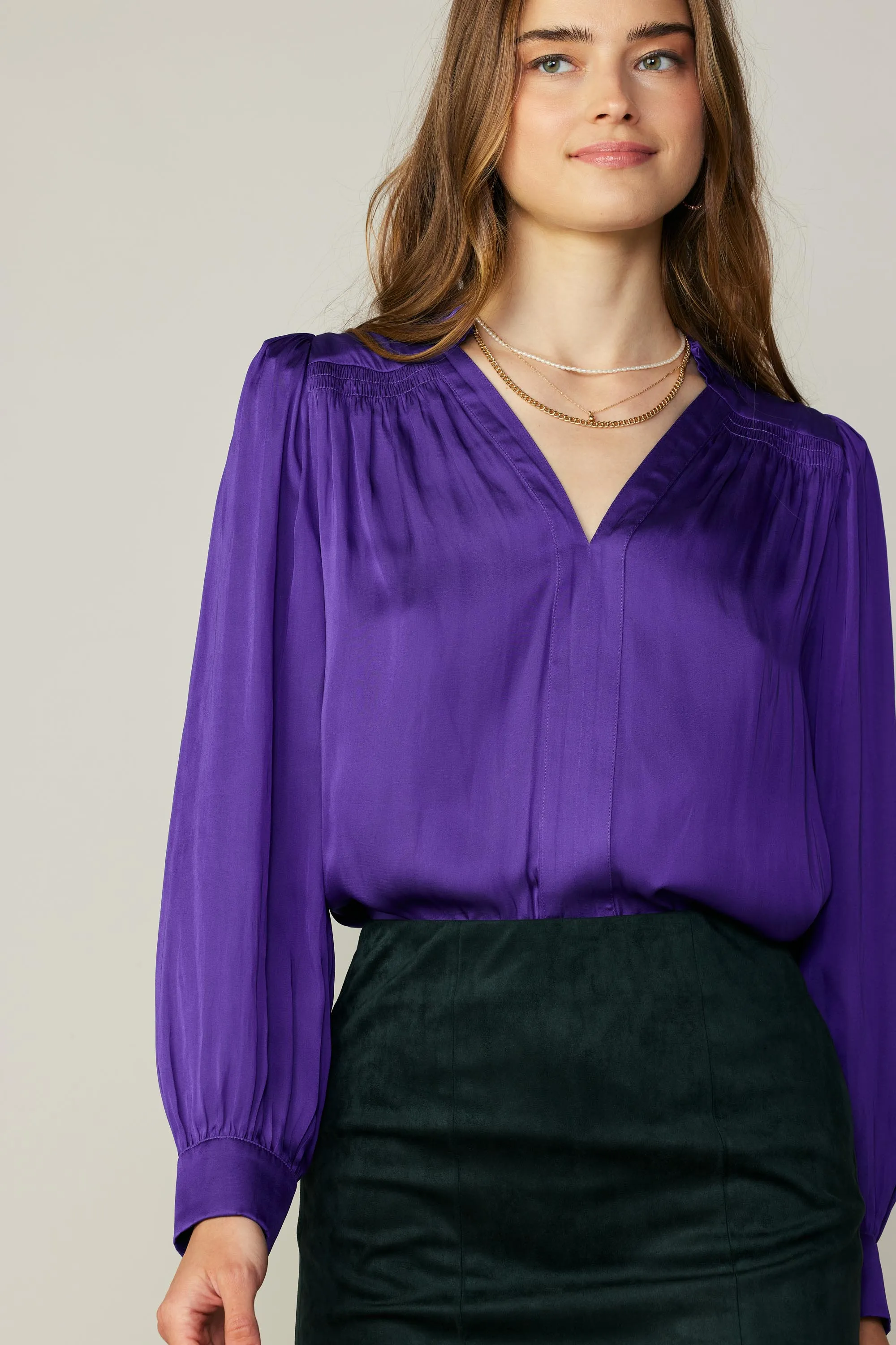 Smocked Shoulder Cuffed Blouse