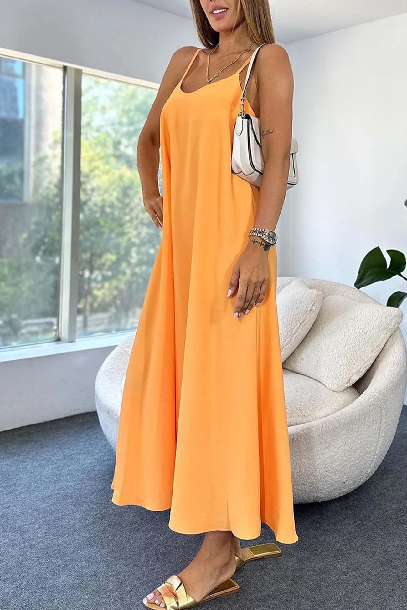Solid Color A-Line Sleeveless Midi Dress