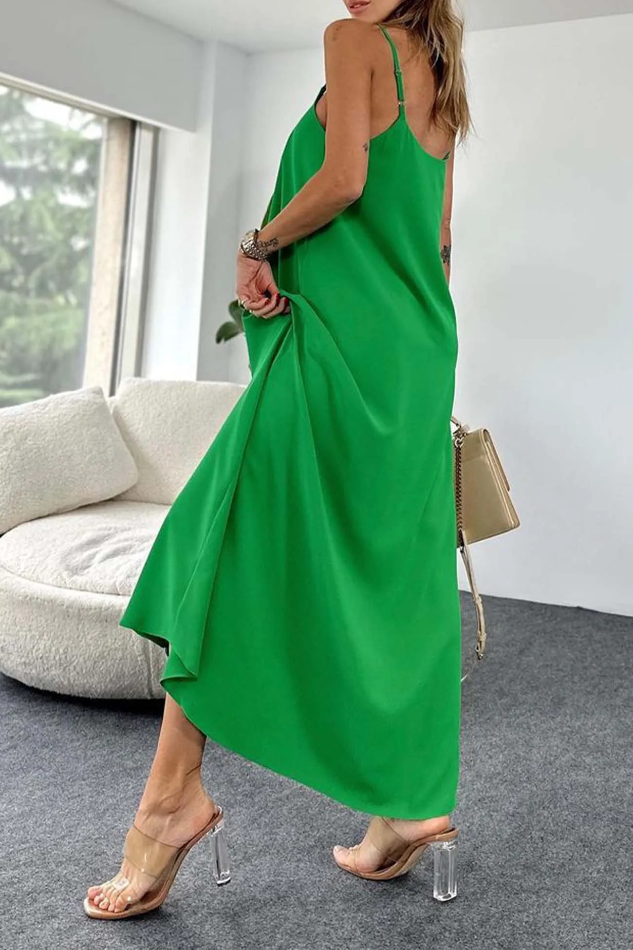 Solid Color A-Line Sleeveless Midi Dress