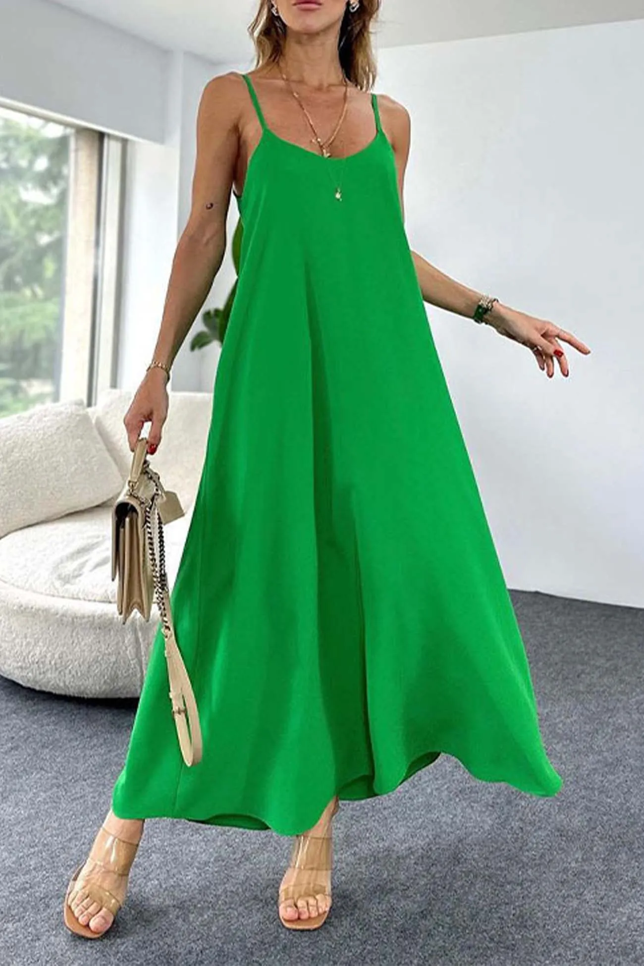 Solid Color A-Line Sleeveless Midi Dress