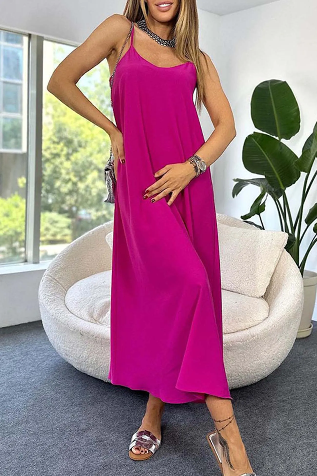 Solid Color A-Line Sleeveless Midi Dress