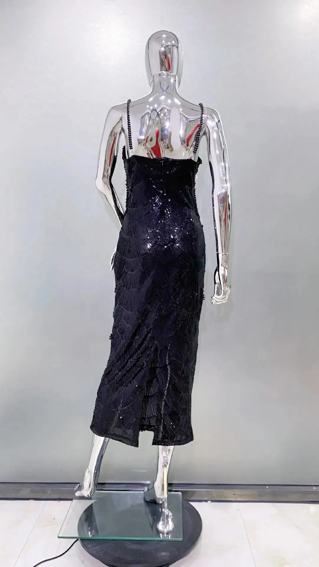 Spliced Pearl Square Neck Sleeveless Patchwork Hollow Out Mid Dress