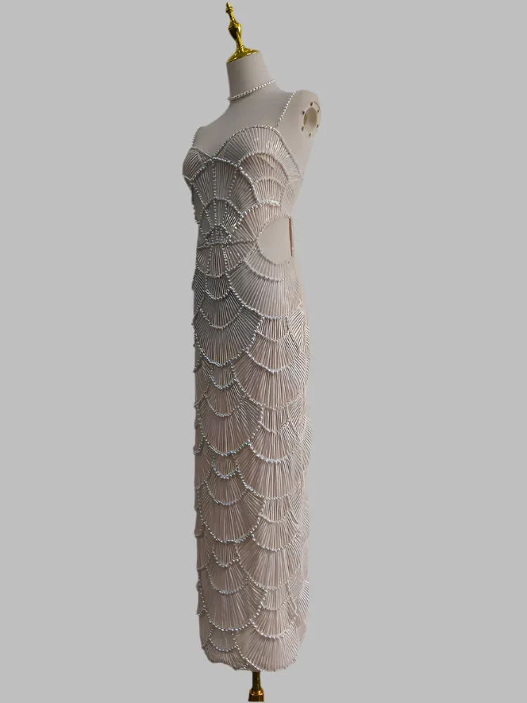 Spliced Pearl Square Neck Sleeveless Patchwork Hollow Out Mid Dress