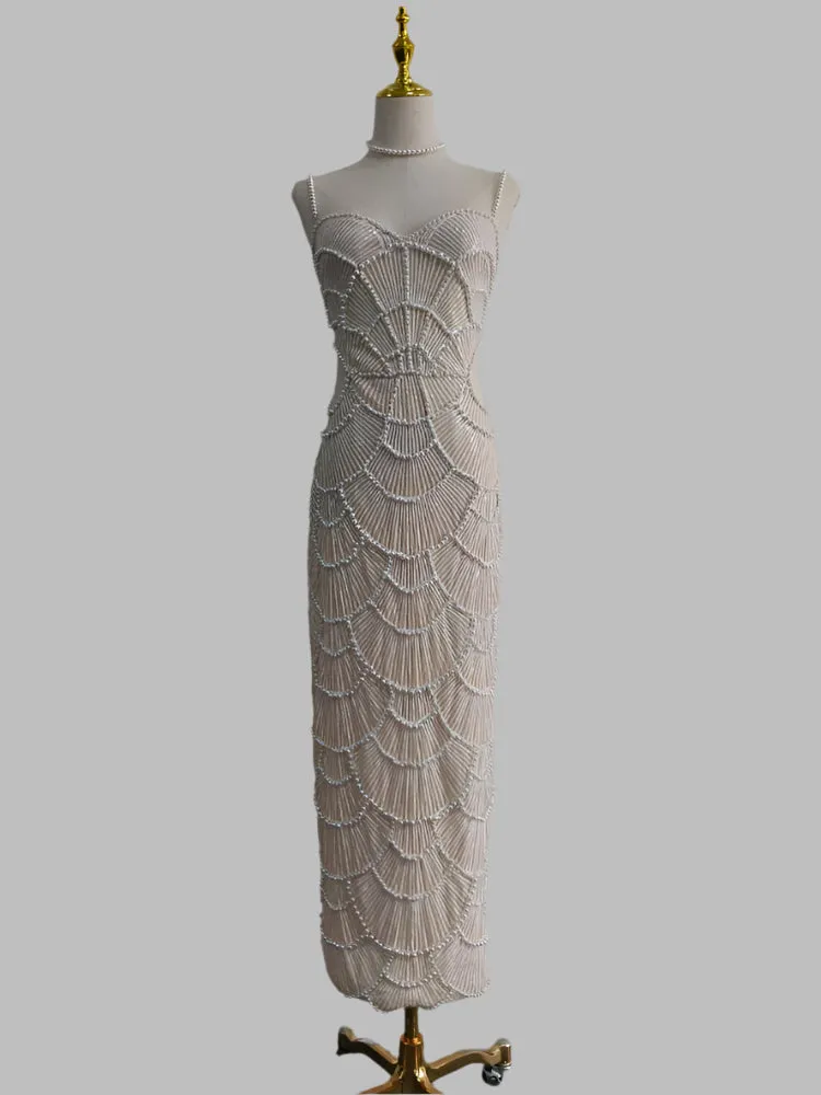 Spliced Pearl Square Neck Sleeveless Patchwork Hollow Out Mid Dress