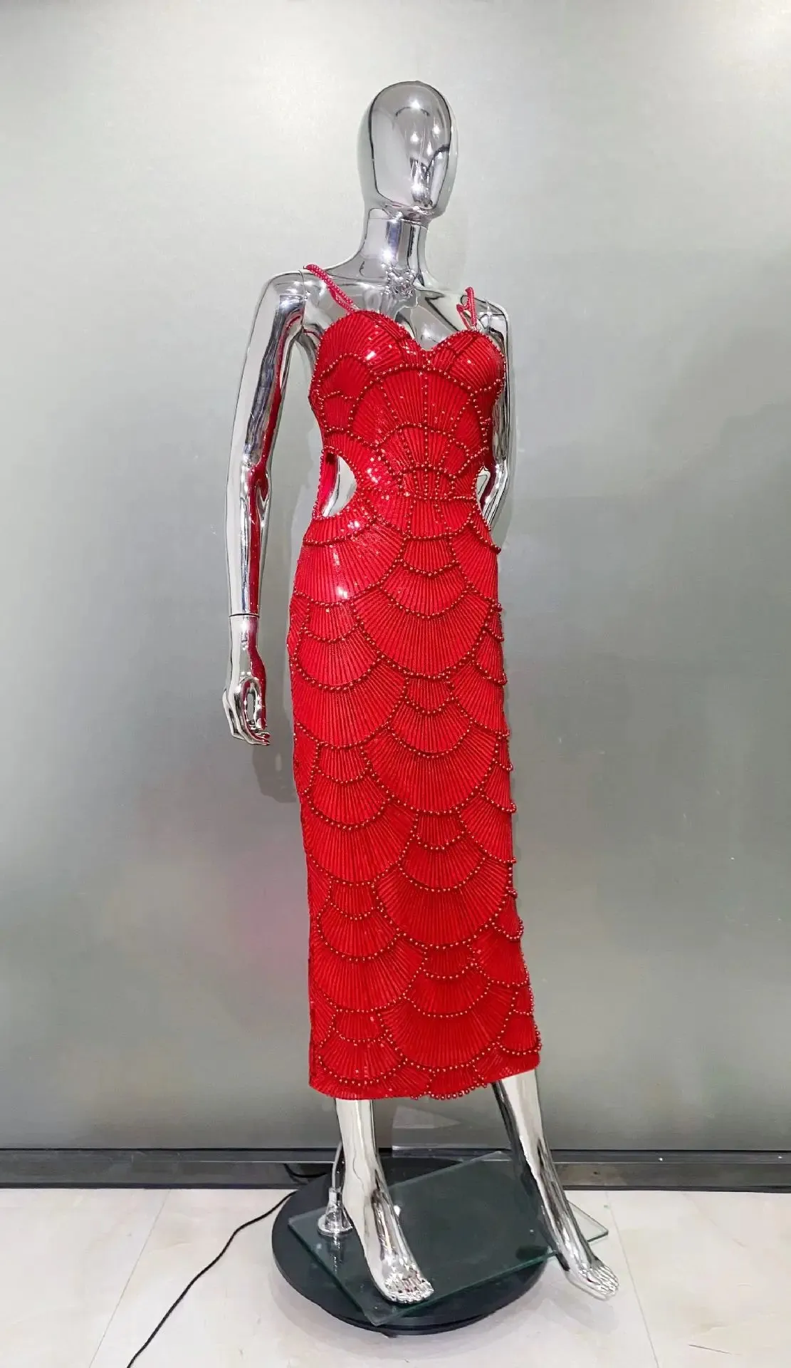 Spliced Pearl Square Neck Sleeveless Patchwork Hollow Out Mid Dress
