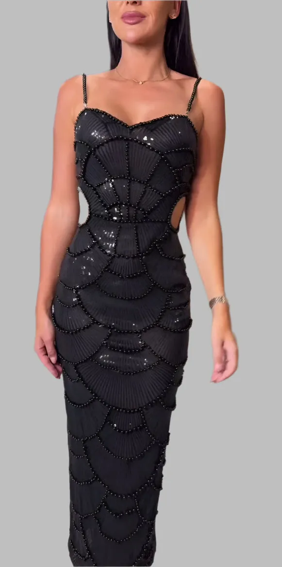 Spliced Pearl Square Neck Sleeveless Patchwork Hollow Out Mid Dress