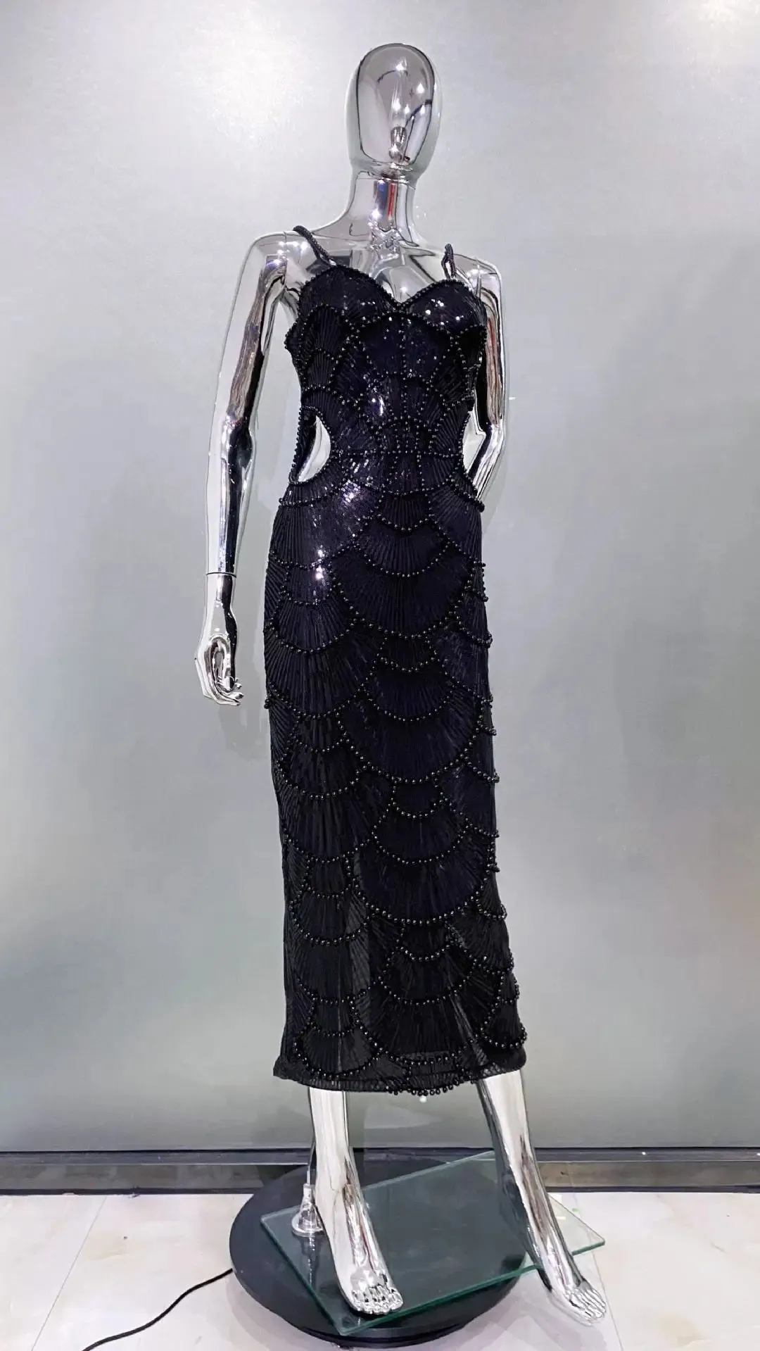 Spliced Pearl Square Neck Sleeveless Patchwork Hollow Out Mid Dress
