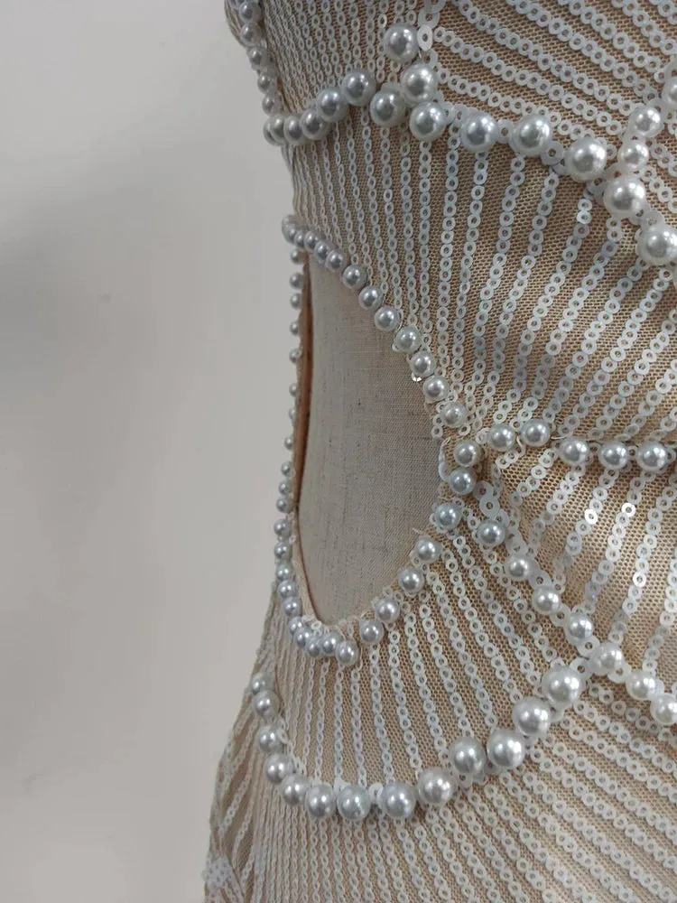 Spliced Pearl Square Neck Sleeveless Patchwork Hollow Out Mid Dress