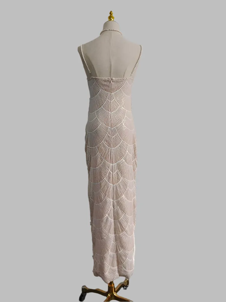 Spliced Pearl Square Neck Sleeveless Patchwork Hollow Out Mid Dress