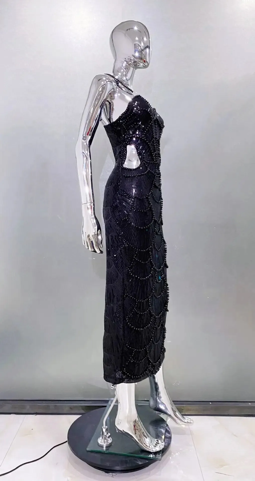Spliced Pearl Square Neck Sleeveless Patchwork Hollow Out Mid Dress