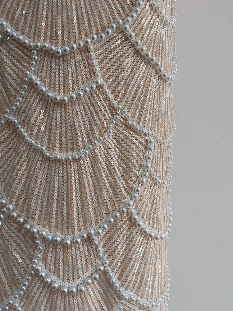 Spliced Pearl Square Neck Sleeveless Patchwork Hollow Out Mid Dress