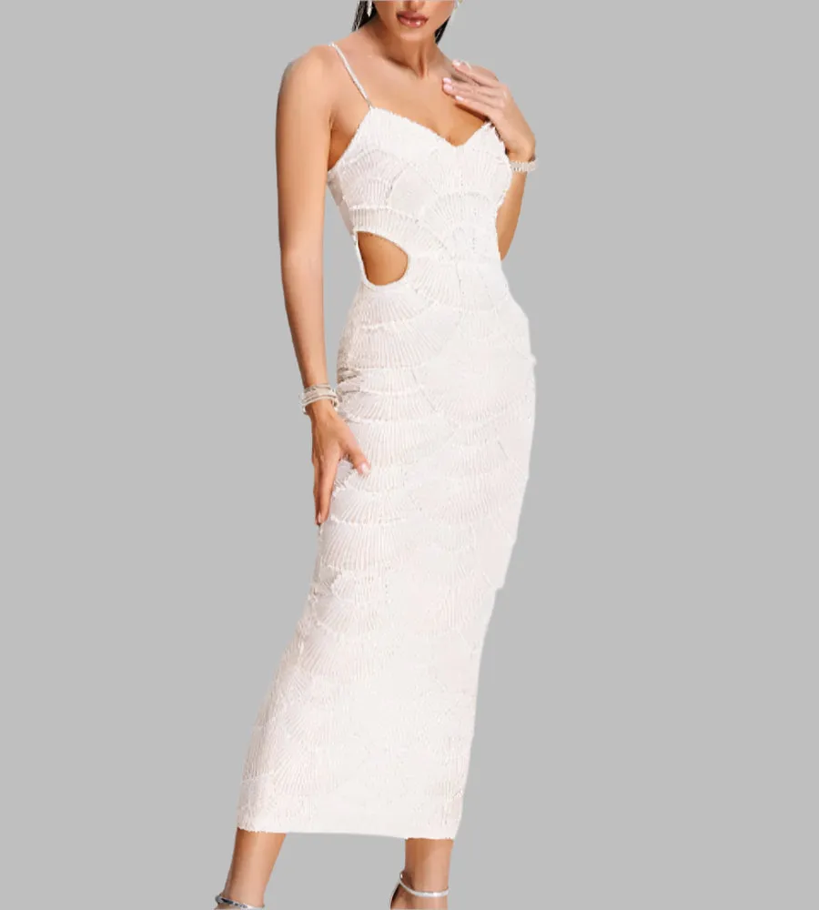 Spliced Pearl Square Neck Sleeveless Patchwork Hollow Out Mid Dress