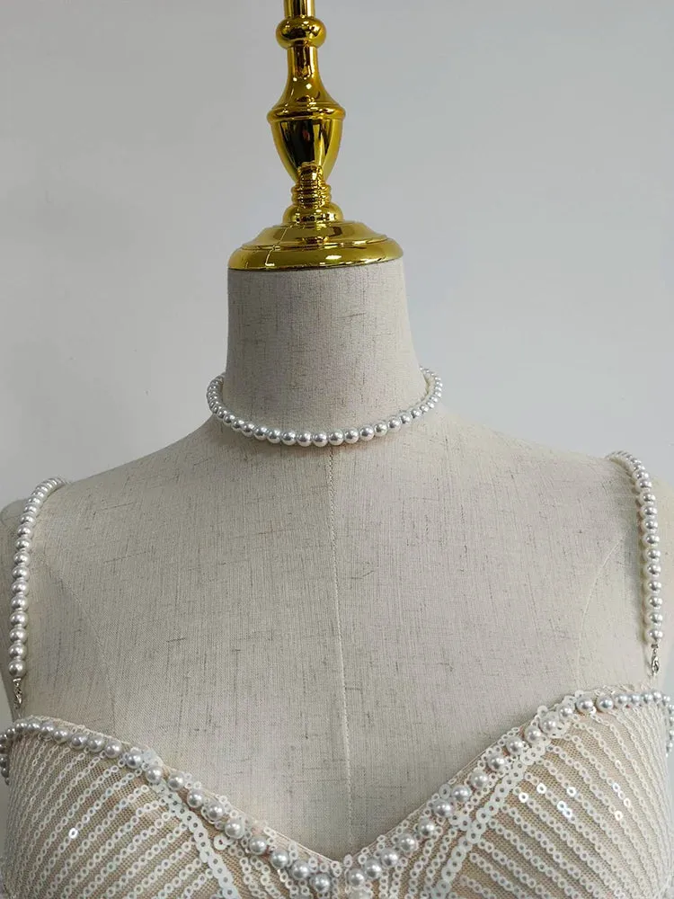 Spliced Pearl Square Neck Sleeveless Patchwork Hollow Out Mid Dress