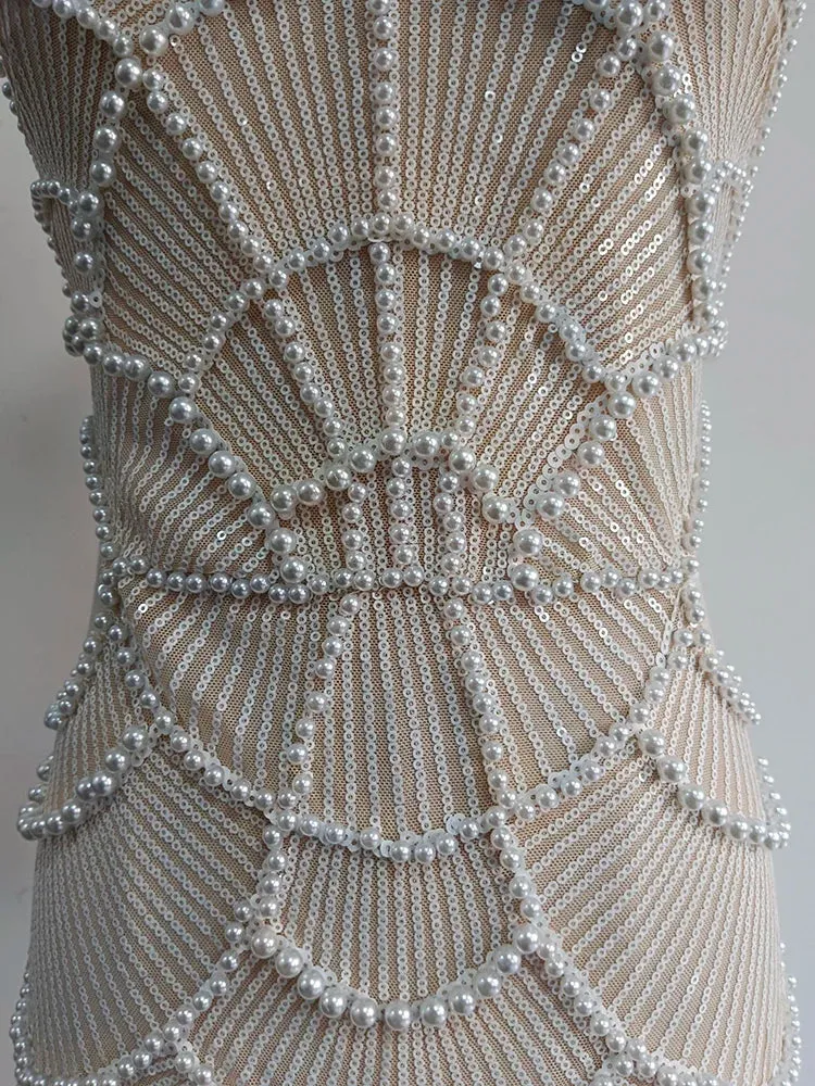 Spliced Pearl Square Neck Sleeveless Patchwork Hollow Out Mid Dress