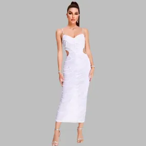 Spliced Pearl Square Neck Sleeveless Patchwork Hollow Out Mid Dress