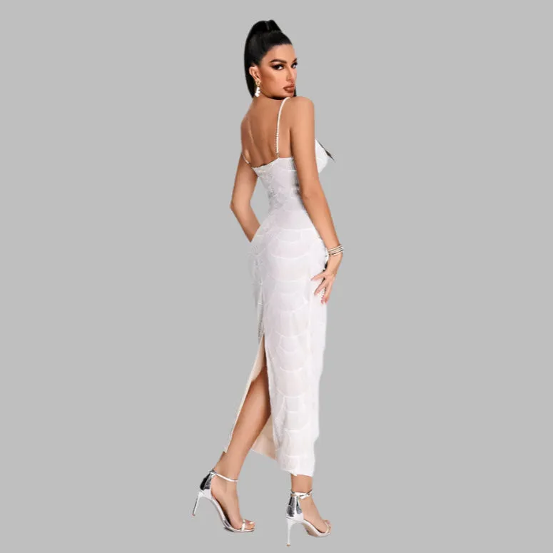 Spliced Pearl Square Neck Sleeveless Patchwork Hollow Out Mid Dress