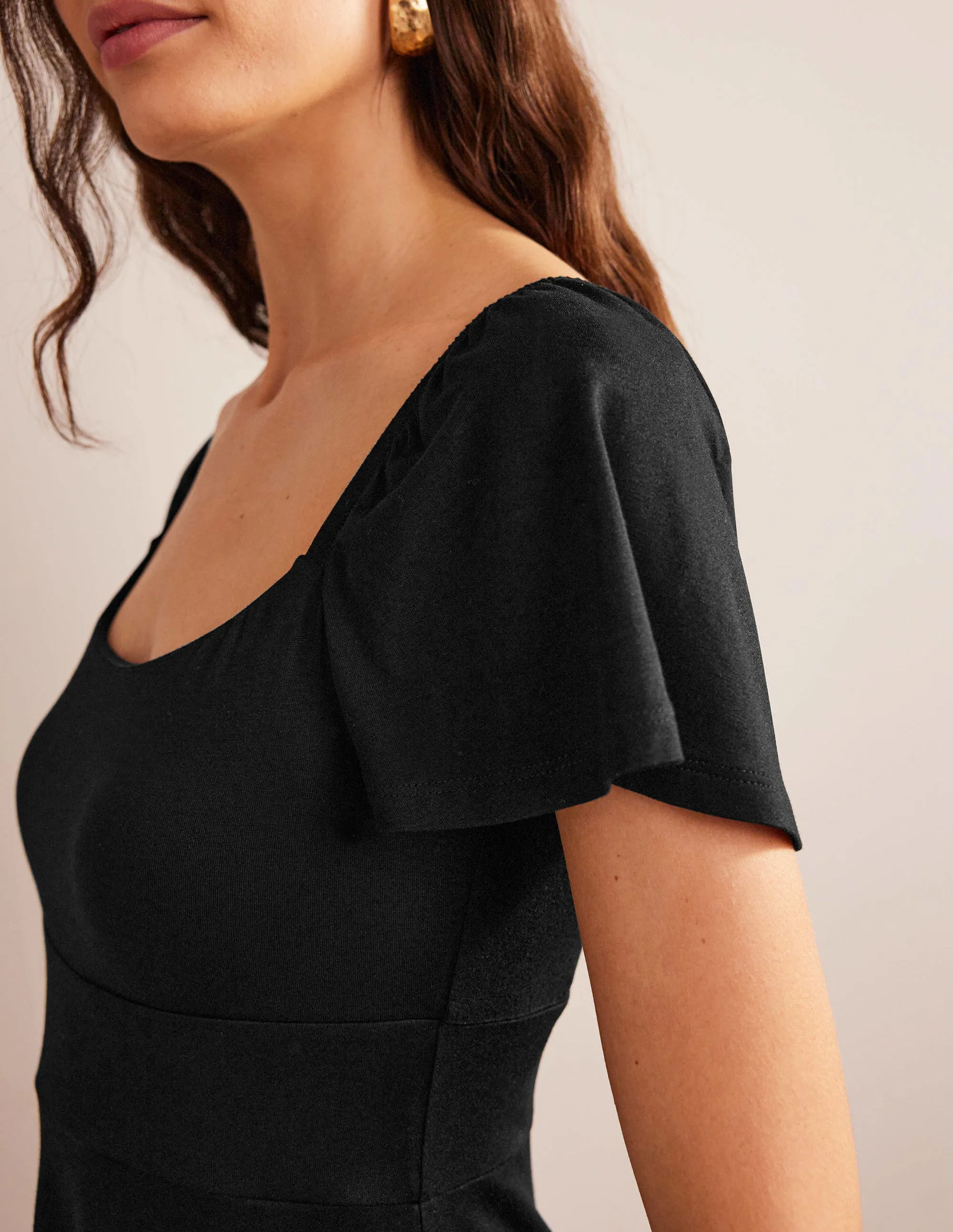 Square Neck Jersey Mini Dress-Black