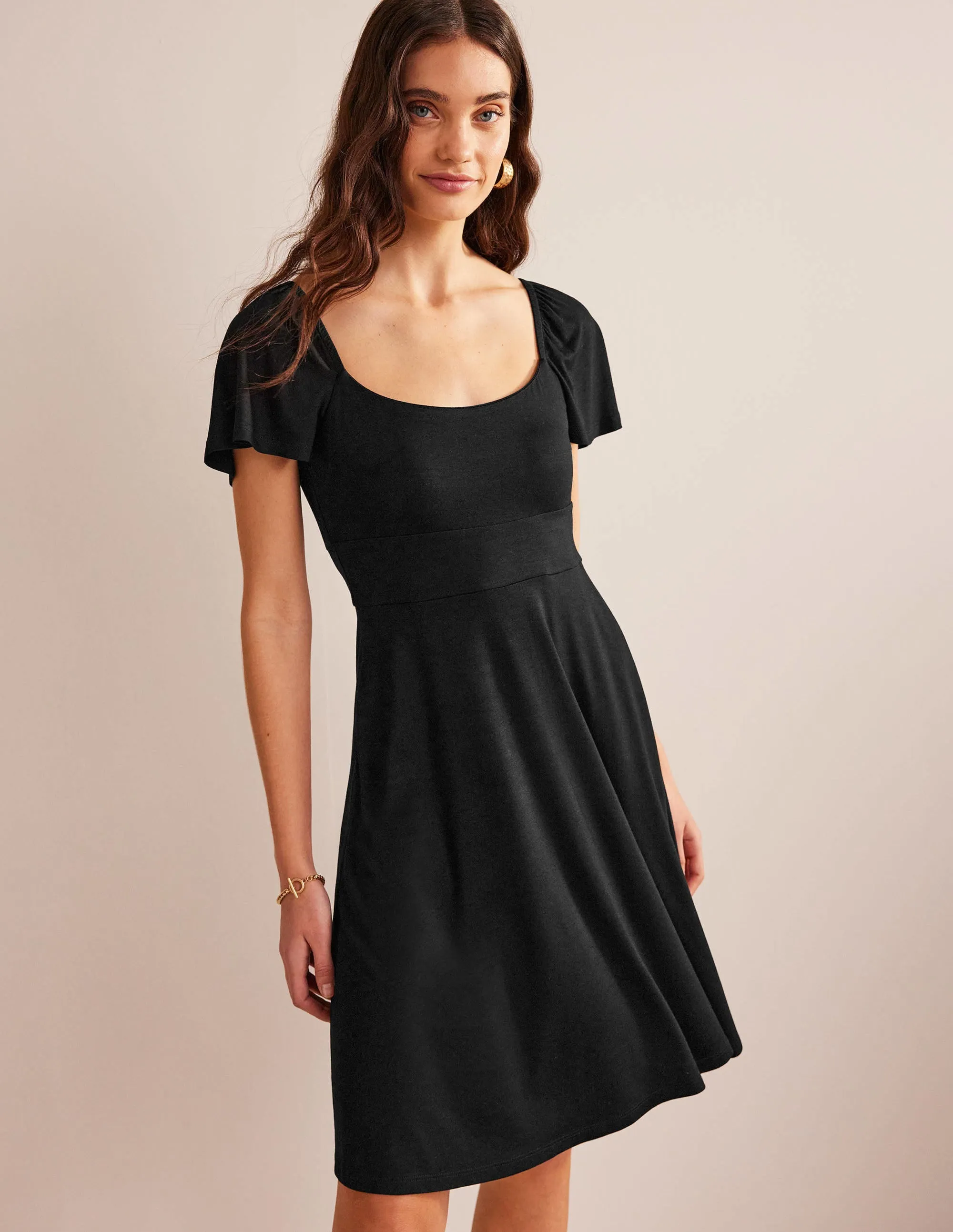 Square Neck Jersey Mini Dress-Black