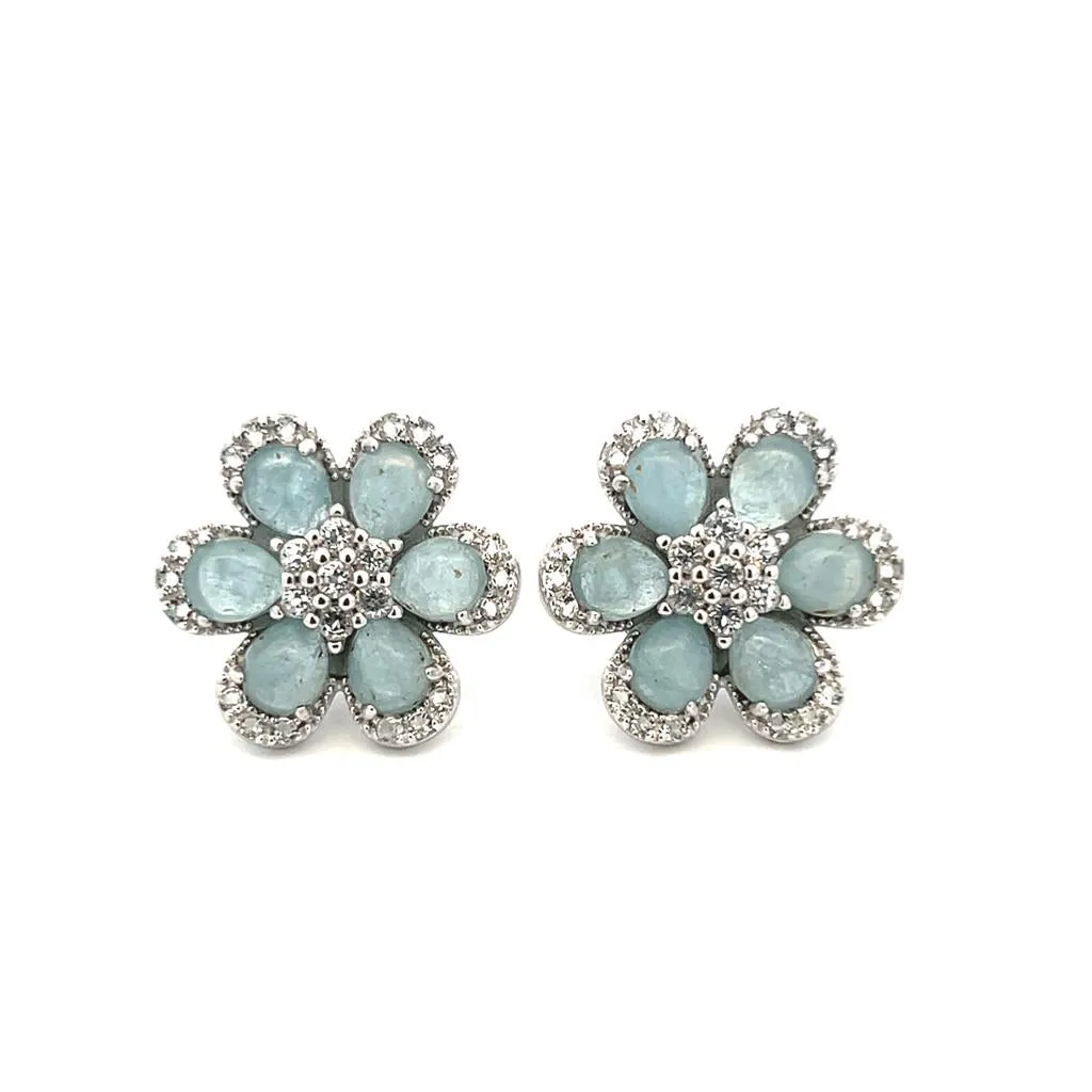 Sterling Silver Aquamarine & White Topaz Flower Stud Earrings by Samuel B.