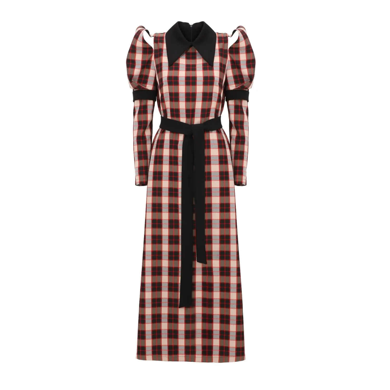 Stylish Cold Shoulder Long Sleeve Dress With Belt Red Check