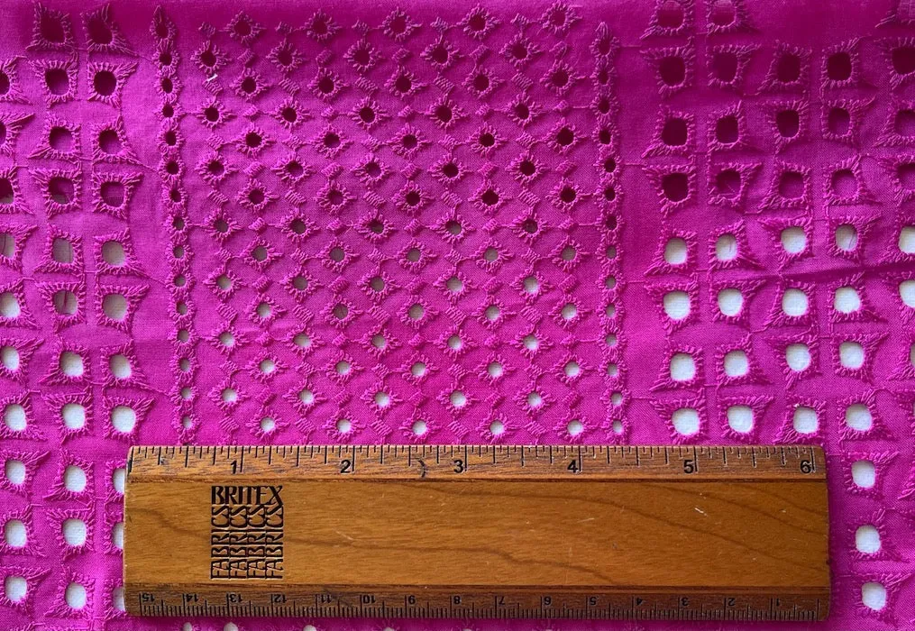 Sultry Hot Pink Stripes, Scallops & Eyelets Embroidered Cotton Eyelet (Made in Italy)