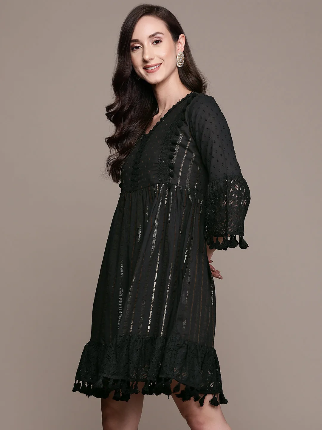 Summery Cotton  Zari Stripes Black Flare Dress with Bell Sleeves & Lace Bottom