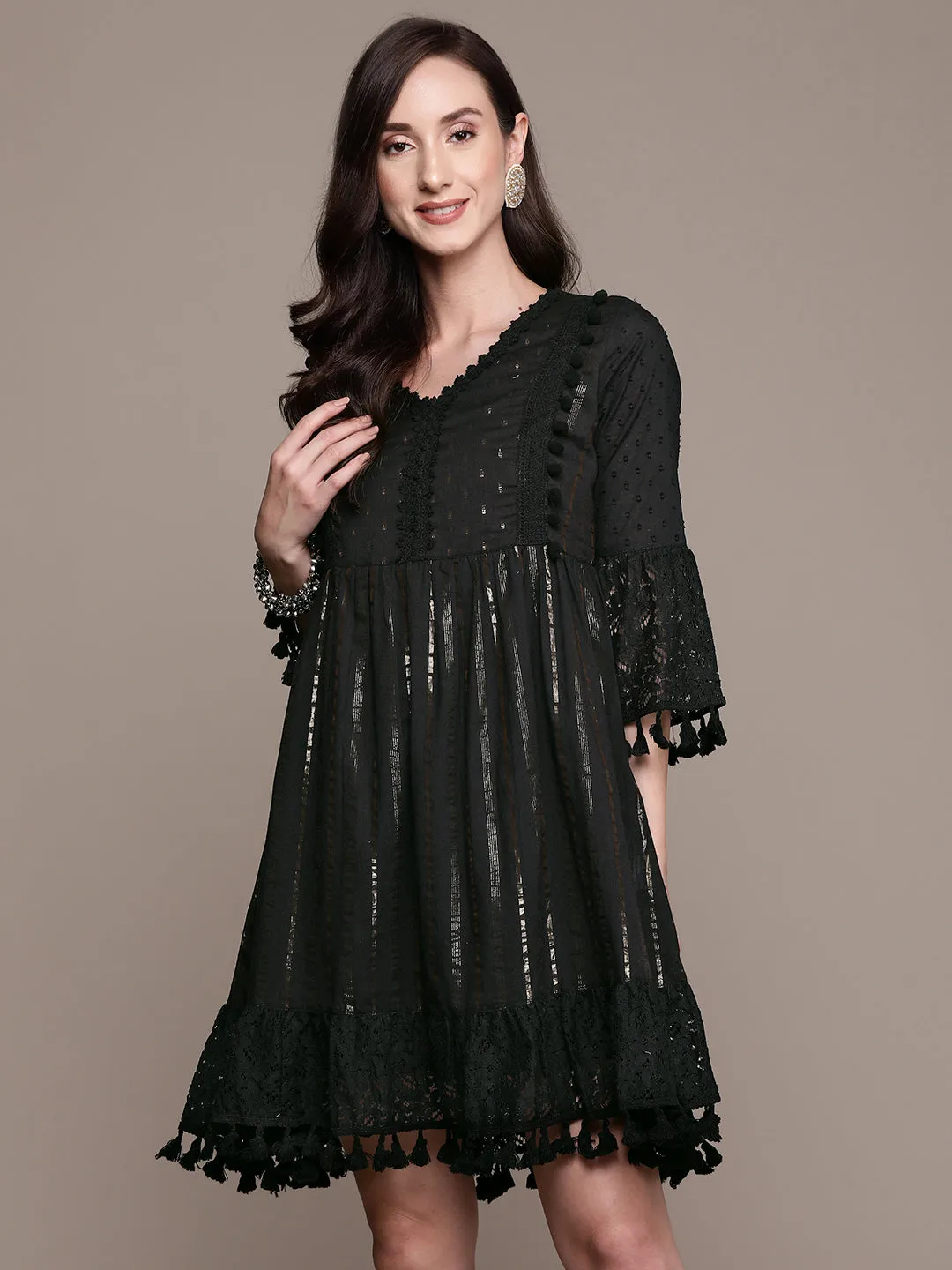 Summery Cotton  Zari Stripes Black Flare Dress with Bell Sleeves & Lace Bottom