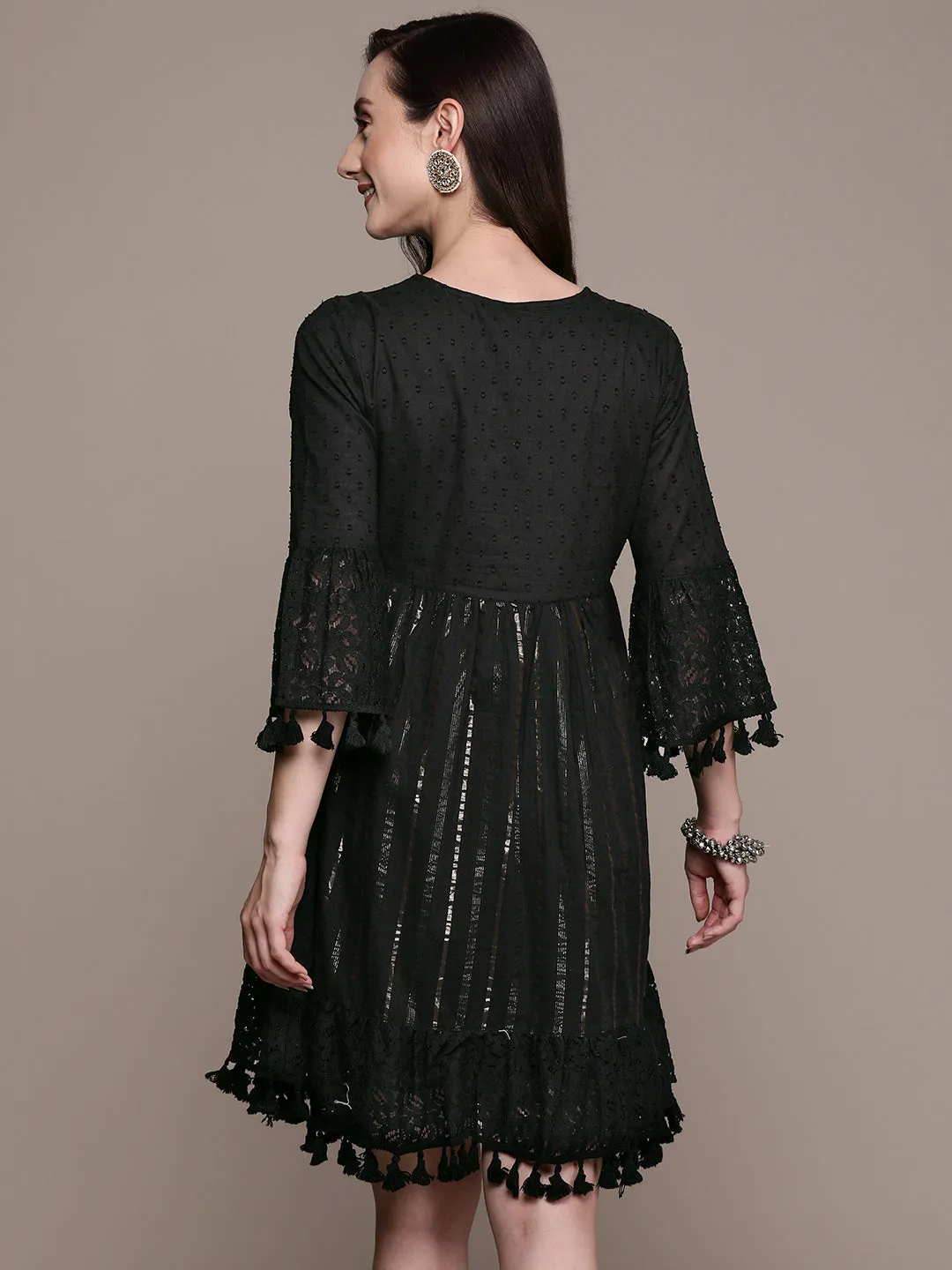 Summery Cotton  Zari Stripes Black Flare Dress with Bell Sleeves & Lace Bottom