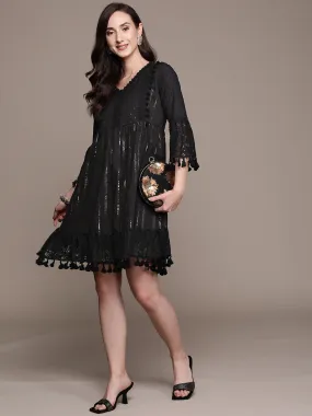 Summery Cotton  Zari Stripes Black Flare Dress with Bell Sleeves & Lace Bottom