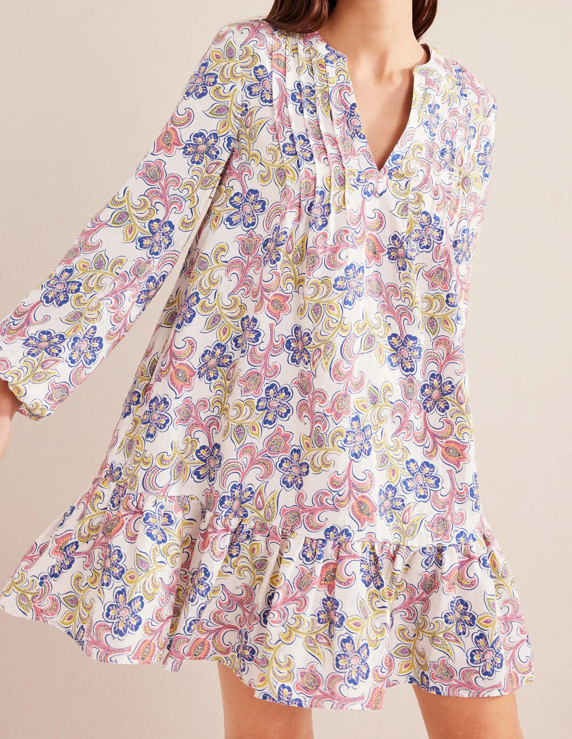 Tiered Linen Mini Dress-Ivory, Botanic Tavern