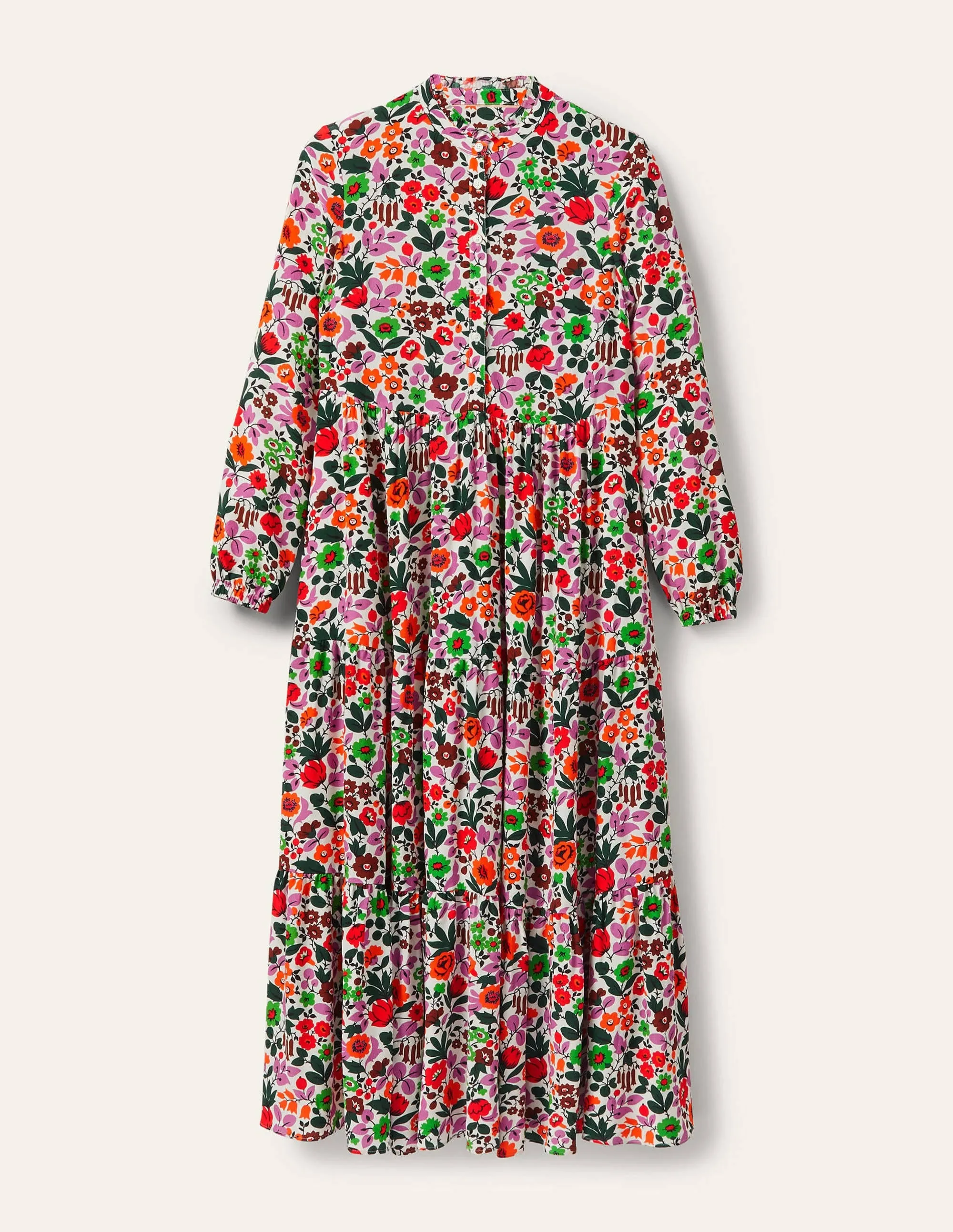 Tiered Maxi Shirt Dress-Ivory, Floral Forest