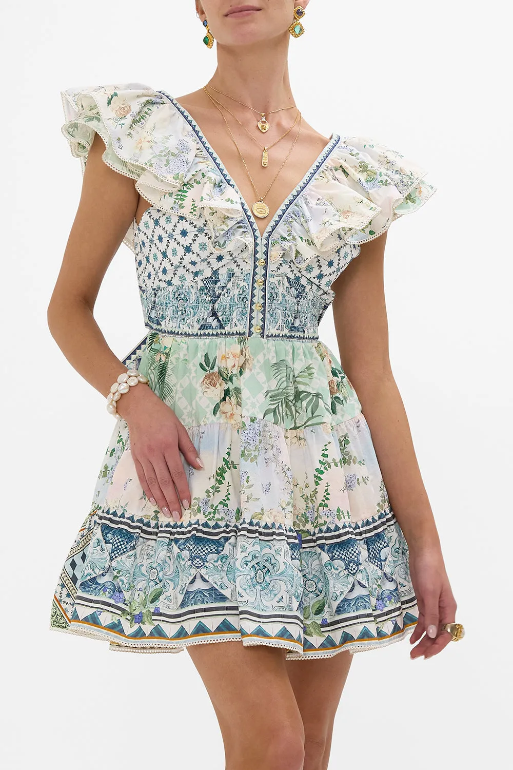 TIERED SHORT DRESS WITH NECK FRILL JARDIM PARTY