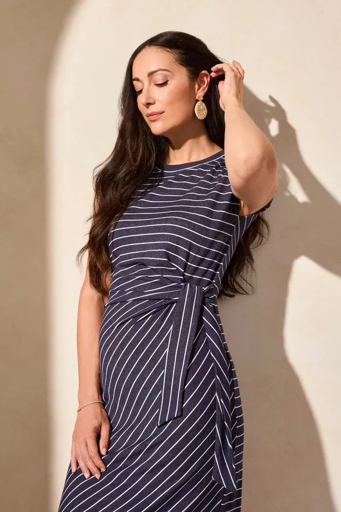Tribal-WAIST TIE NAUTICAL STRIPED FRENCH TERRY DRESS