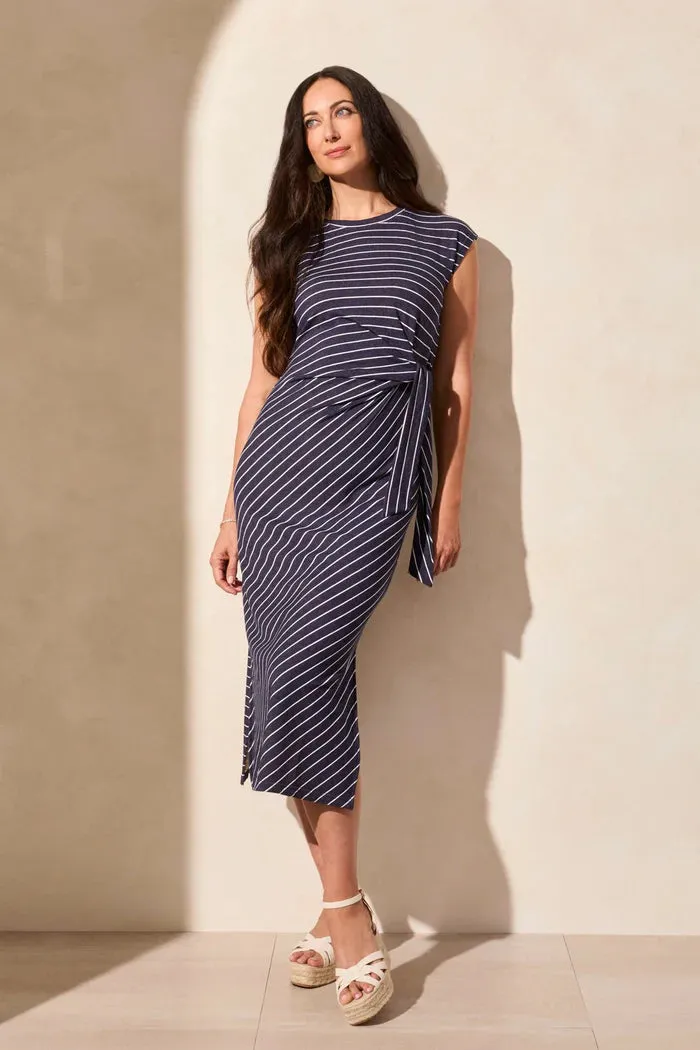Tribal-WAIST TIE NAUTICAL STRIPED FRENCH TERRY DRESS
