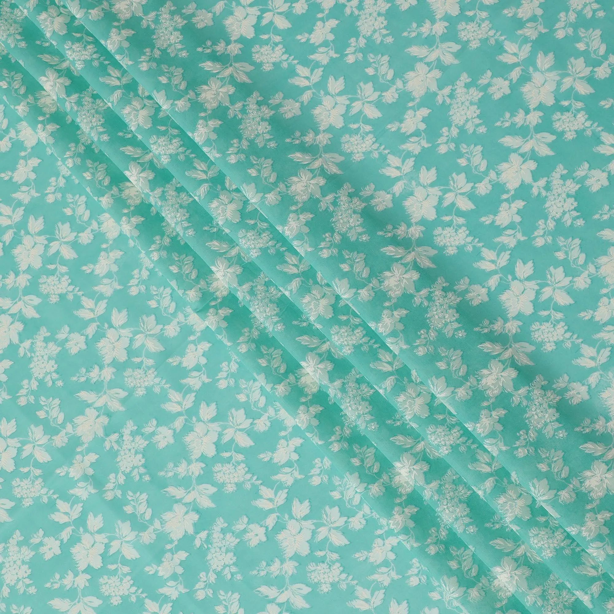Turquoise green cotton voile fabric with beige print in floral design-D15152