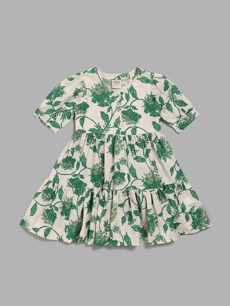 Utsa Kids Off-White & Green Floral Printed Tiered Dress (8 -14yrs)