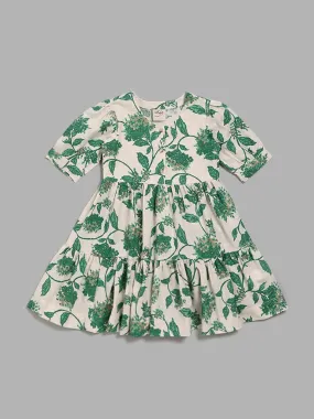 Utsa Kids Off-White & Green Floral Printed Tiered Dress (8 -14yrs)