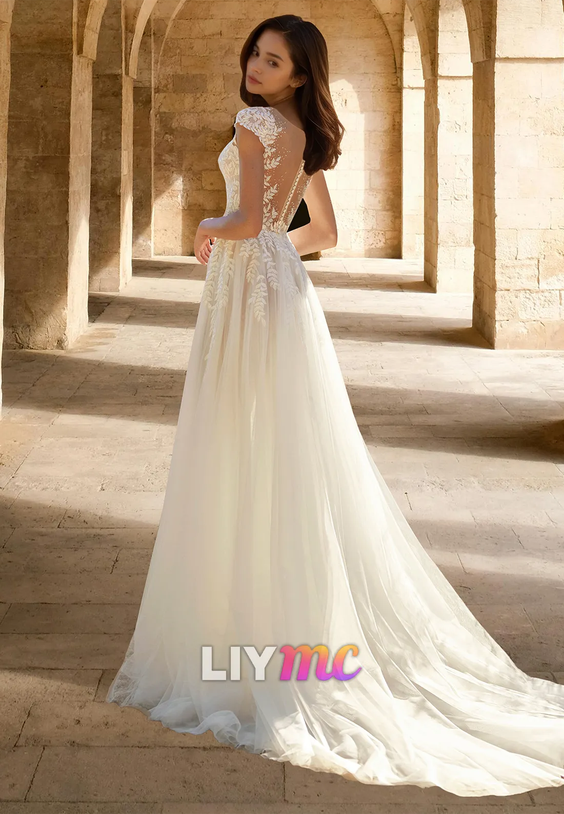 V-Neck Cap Sleeves Lace Appliquess Tulle A-Line Wedding Dress