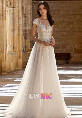 V-Neck Cap Sleeves Lace Appliquess Tulle A-Line Wedding Dress