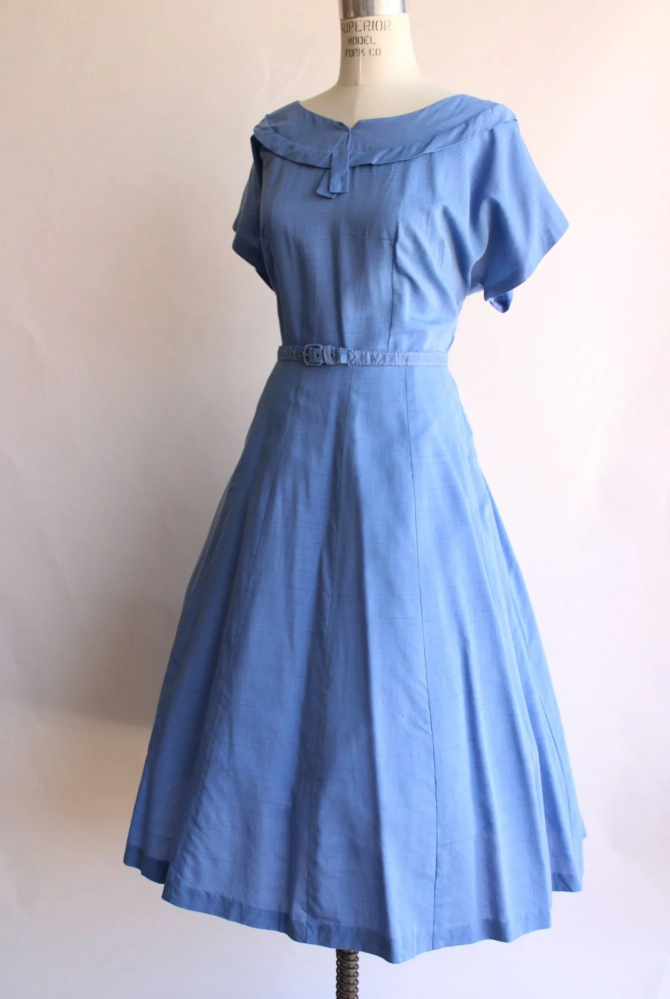 Vintage 1950s Volup Size Sky Blue Cotton Sundress with Belt