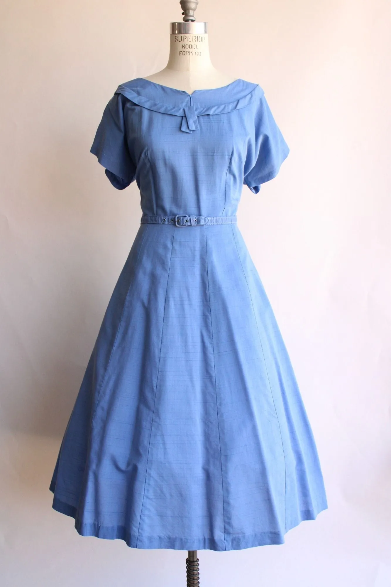 Vintage 1950s Volup Size Sky Blue Cotton Sundress with Belt