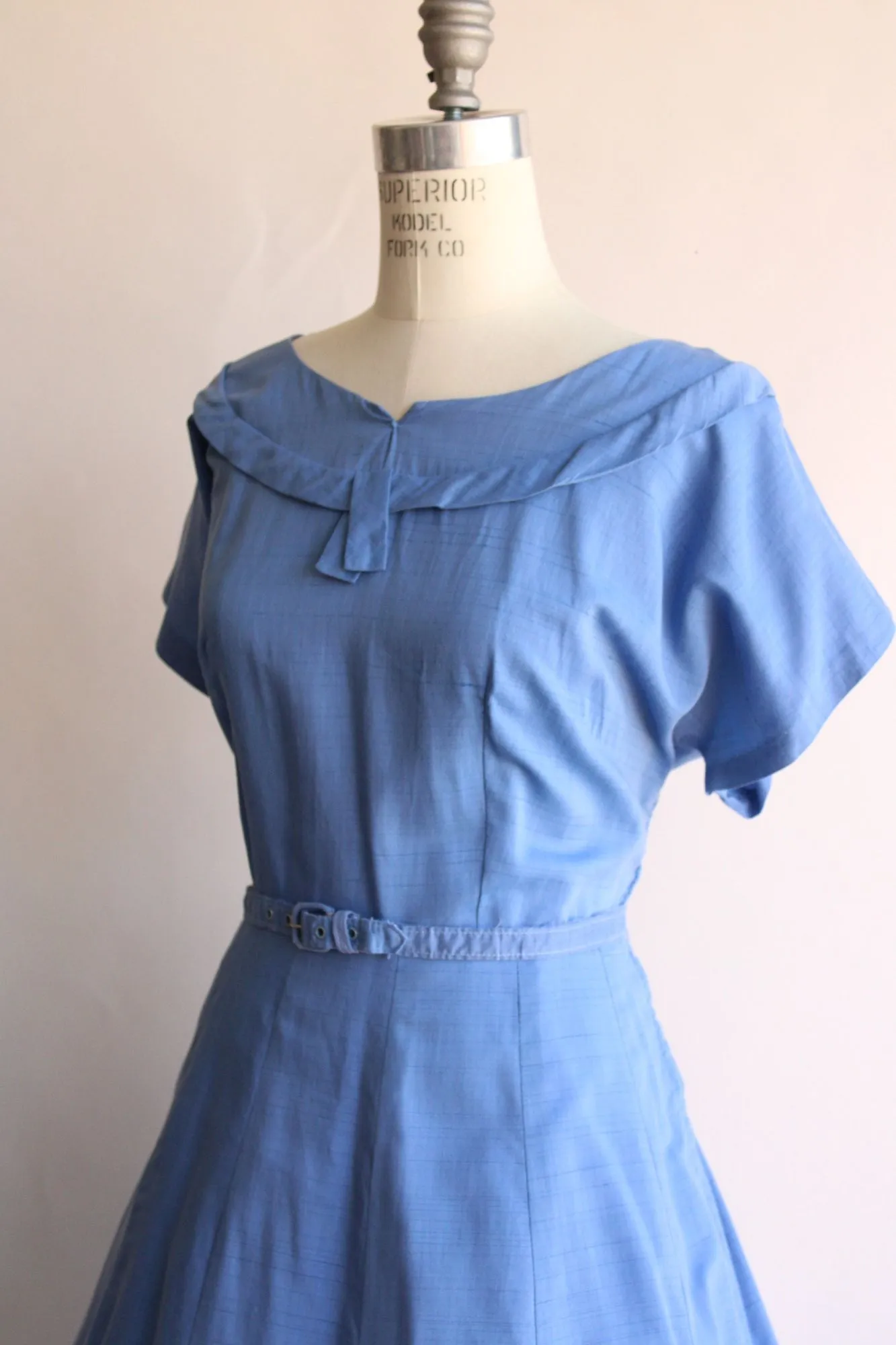 Vintage 1950s Volup Size Sky Blue Cotton Sundress with Belt