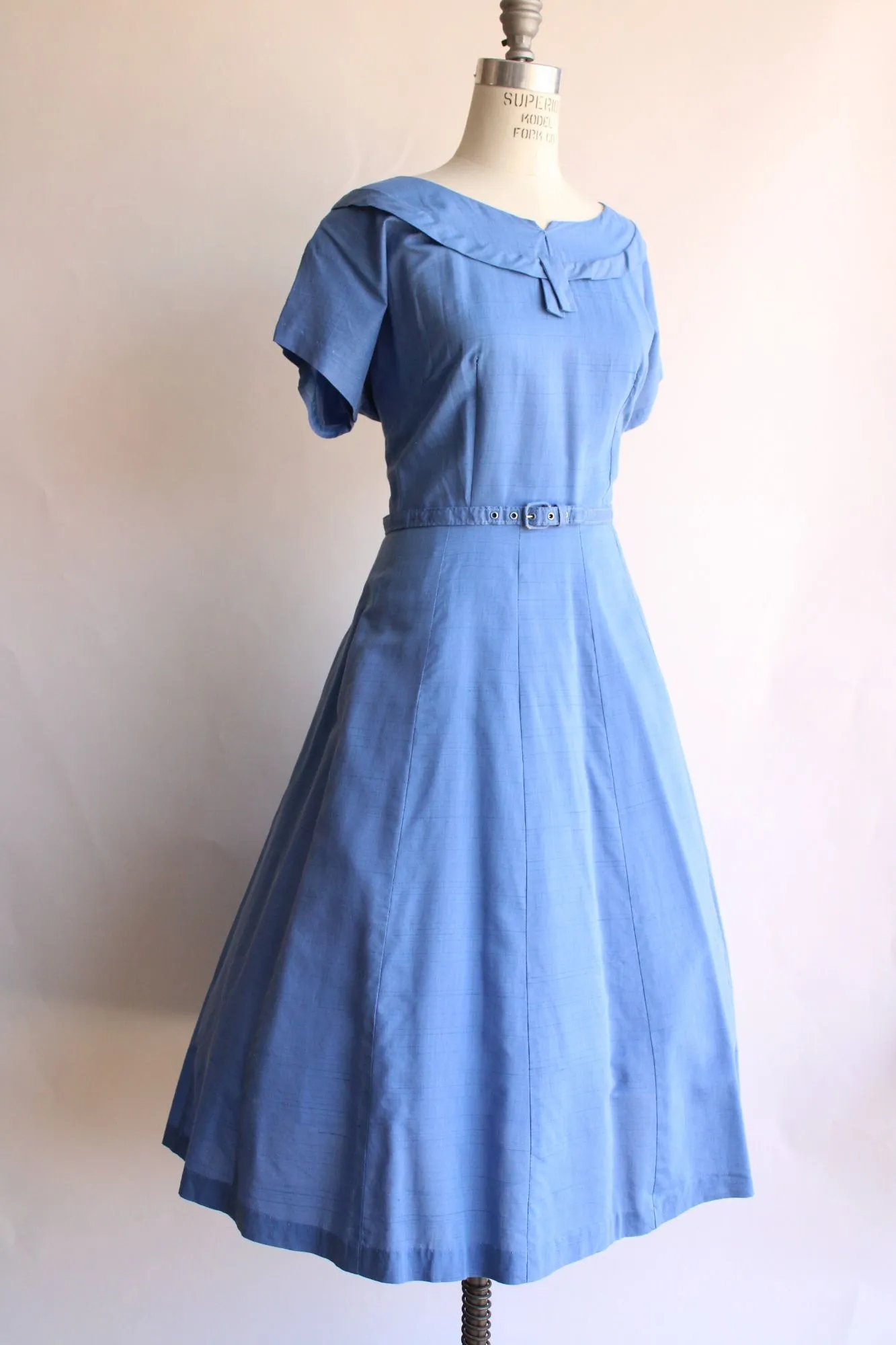 Vintage 1950s Volup Size Sky Blue Cotton Sundress with Belt