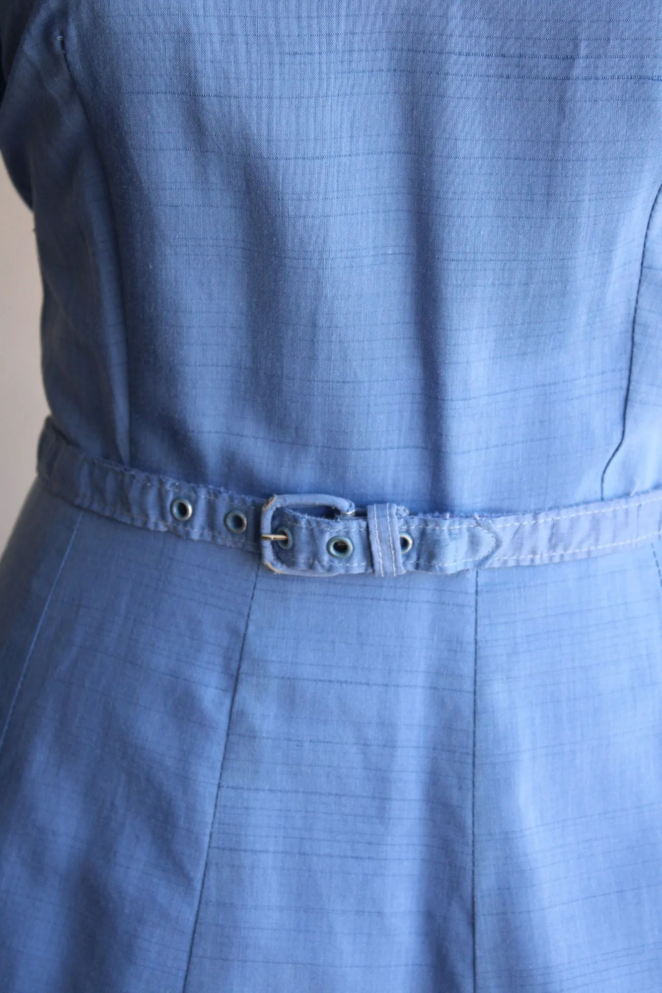 Vintage 1950s Volup Size Sky Blue Cotton Sundress with Belt