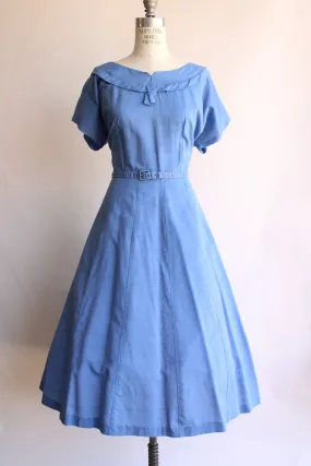 Vintage 1950s Volup Size Sky Blue Cotton Sundress with Belt